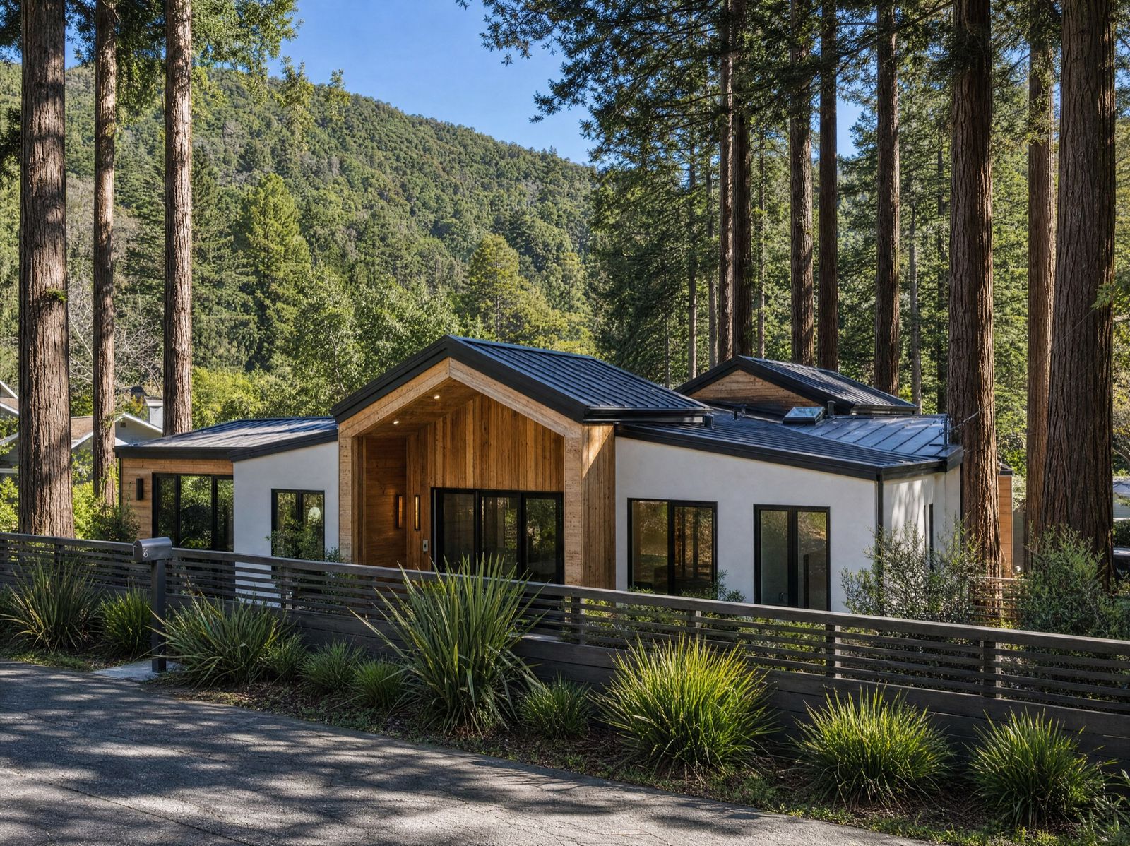 Finished modern home among the redwoods, framed and built by Four Piers in Mill Valley