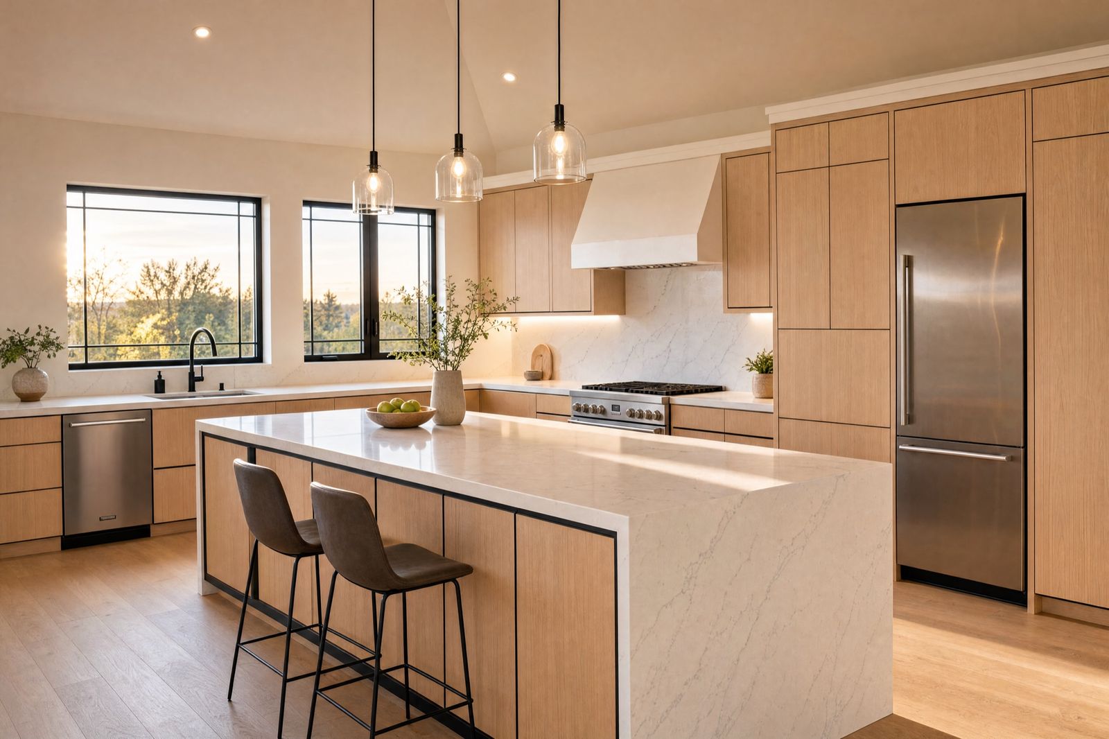 Warm white-oak kitchen with marble island in Cupertino