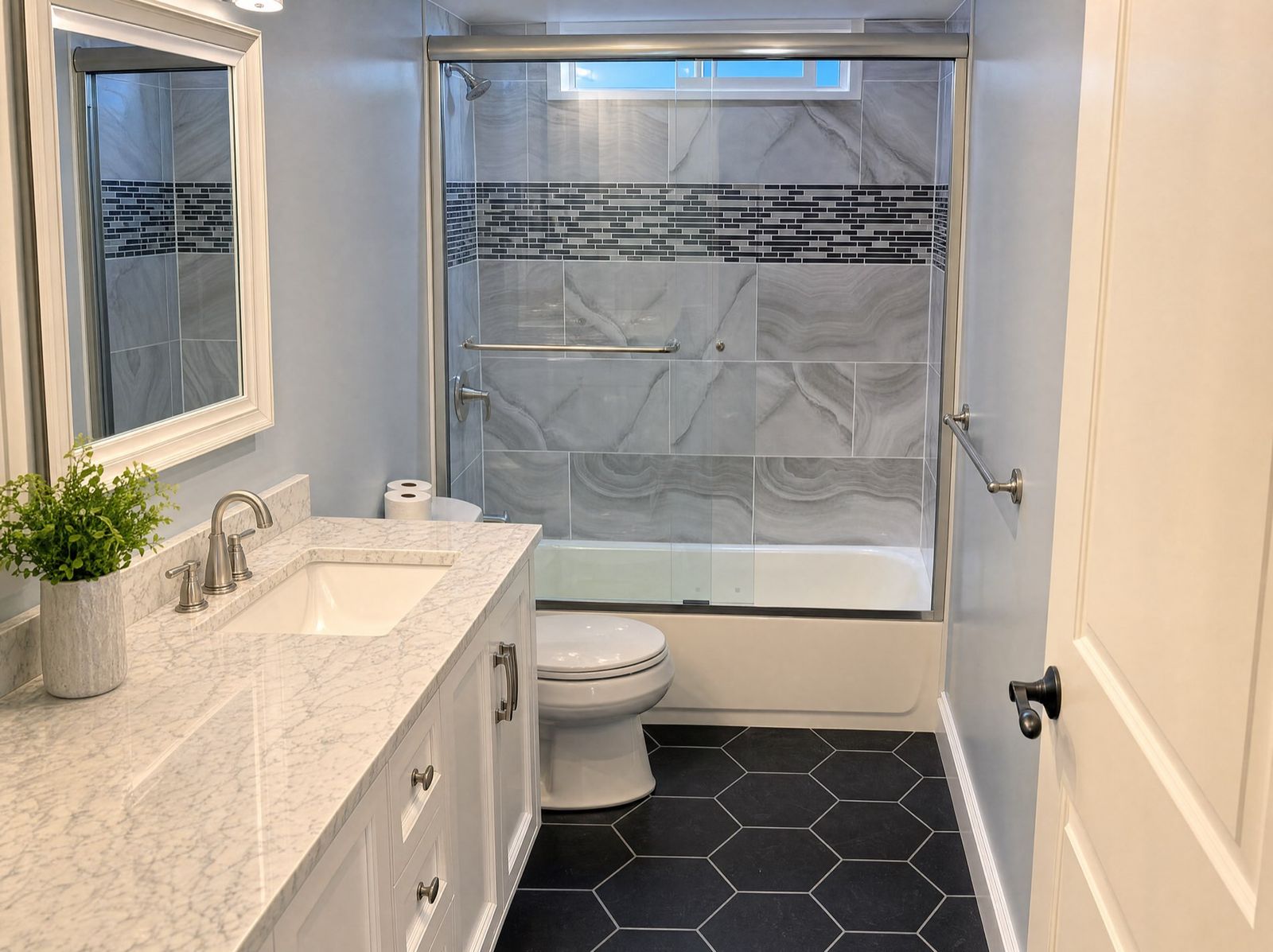 Marble-tile bathroom remodel in Oakland, after
